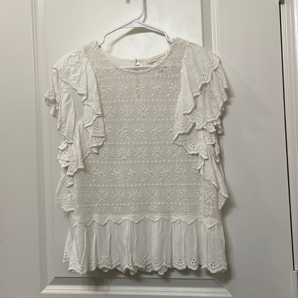 NWT white short sleeve top size large. White lace shirt, white ruffle shirt